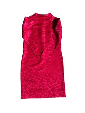 Papell Boutique Hot Pink Long-Sleeve 100% Silk Jacquard Sheath Dress Size Small